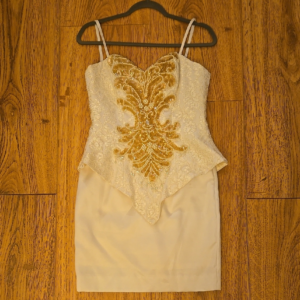 Vintage 80s David Howard Dress Karen Okada Ivory Sequin Lace 